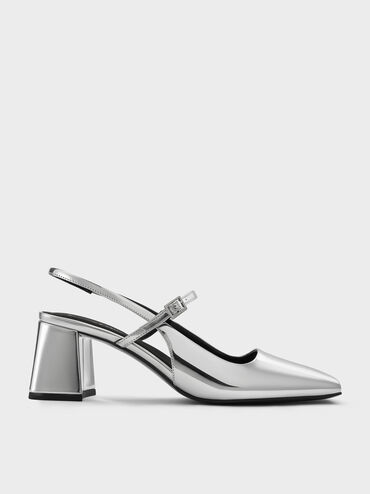 Metallic Square-Toe Mary Jane Slingback Pumps, Silver, hi-res