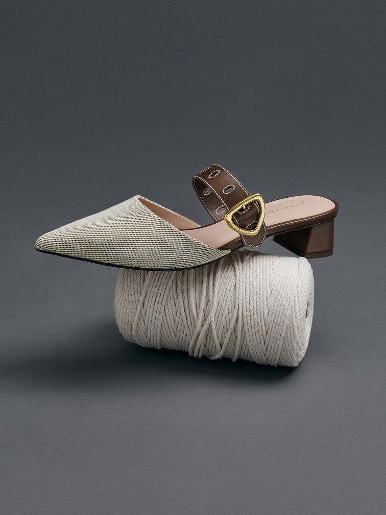 Sepphe Twill Buckle-Strap Heeled Mules, Brown, hi-res
