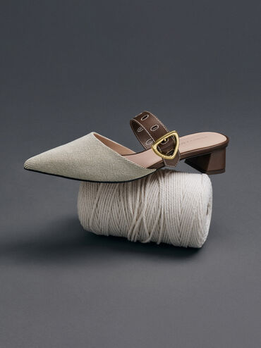 Sepphe Twill Buckle-Strap Heeled Mules, Brown, hi-res