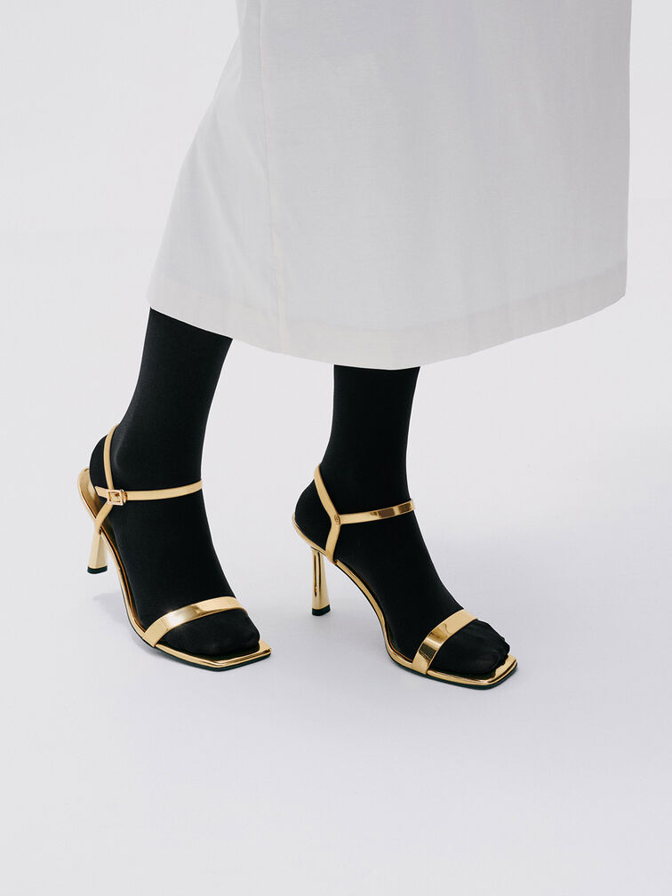 Metallic Ankle-Strap Heeled Sandals, Gold, hi-res