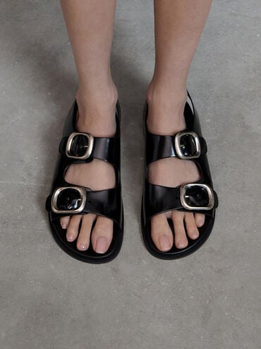 Buckled Double-Strap Slingback Sandals, Black Boxed, hi-res
