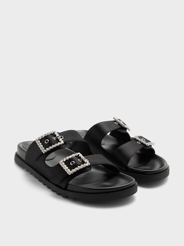 Gem-Buckle Double-Strap Sandals, Black Textured, hi-res