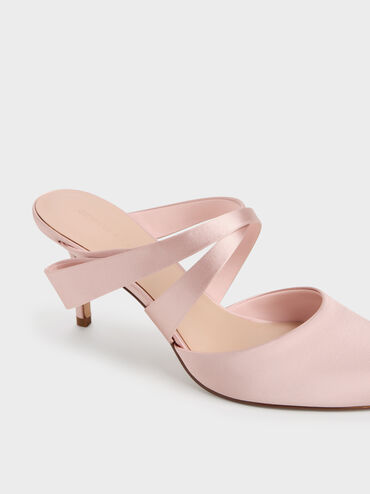 Satin Pleated-Strap Heeled Mules, Pink, hi-res