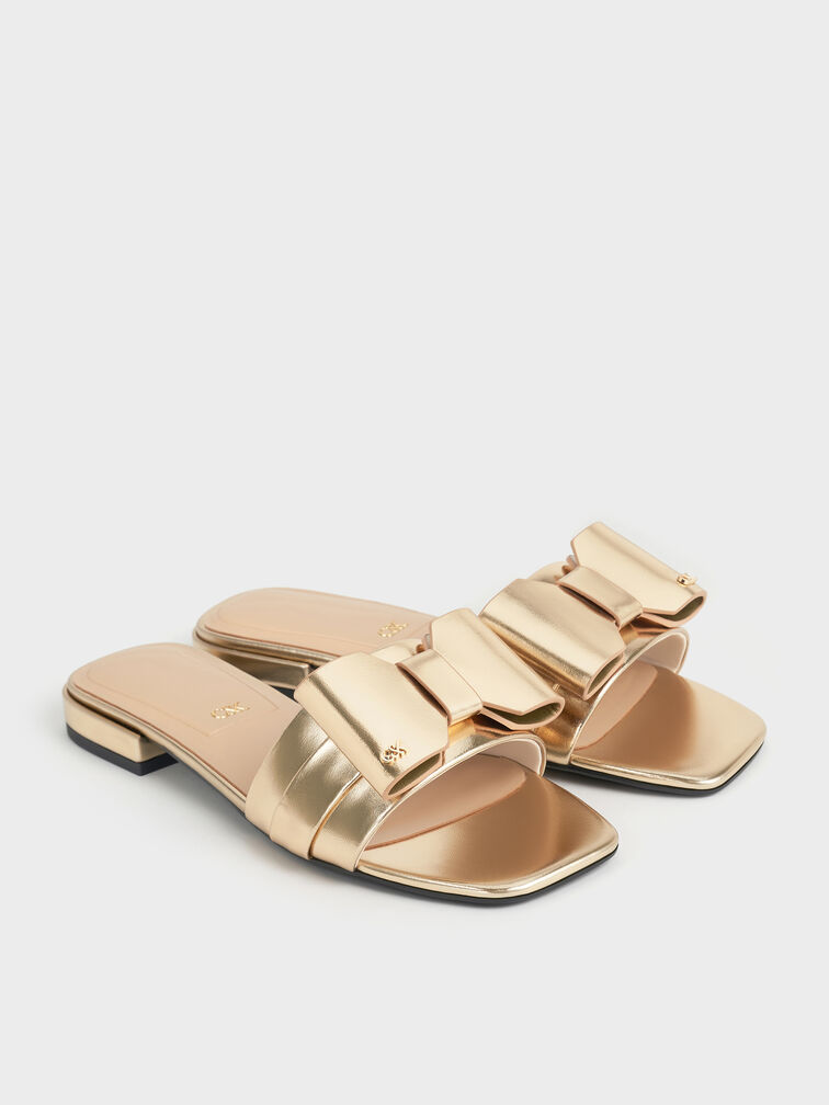 Lu Metallic Leather Bow Slide Sandals, Gold, hi-res