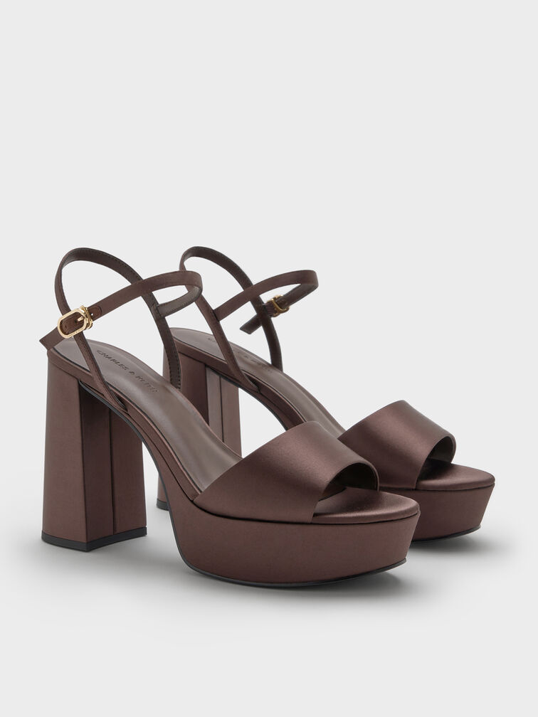 Satin Block-Heel Platform Sandals, Dark Brown Textured, hi-res