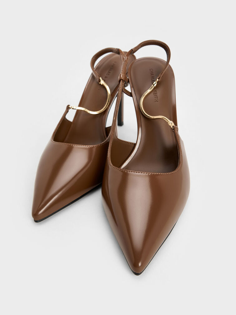 Chain-Strap Pointed-Toe Slingback Pumps, Brown, hi-res