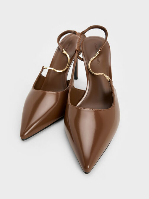Chain-Strap Pointed-Toe Slingback Pumps, Brown, hi-res
