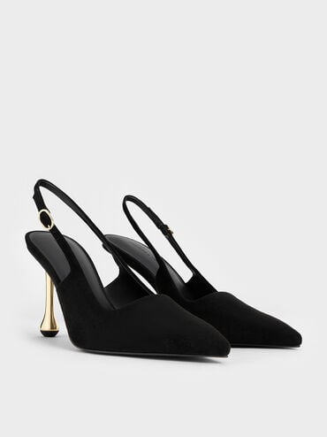 Faux Suede Sculptural-Heel Pointed Pumps, Black Textured, hi-res