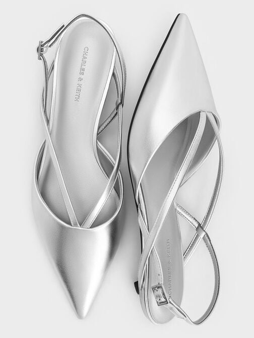 Metallic V-Strap Slingback Kitten Heels, Silver, hi-res