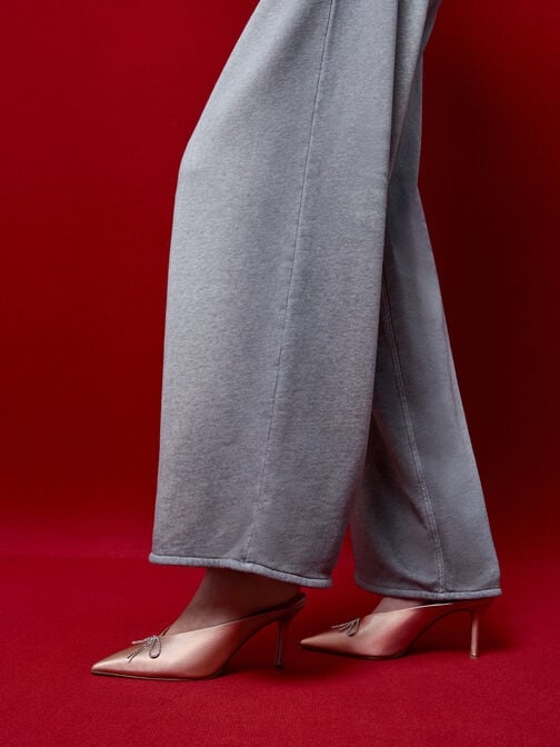 Crystal-Bow Pointed-Toe Heeled Mules, Nude, hi-res