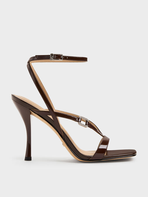 Patent Leather Crystal-Buckle Ankle-Strap Heels, Dark Brown, hi-res