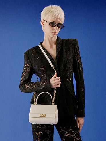 Lennie Chain-Strap Top Handle Bag, Cream, hi-res