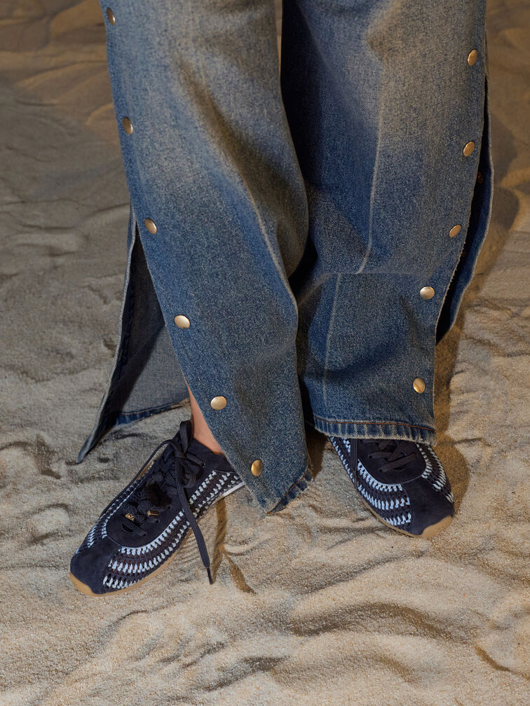 Jace Crochet & Suede Flower Sneakers, Blue, hi-res