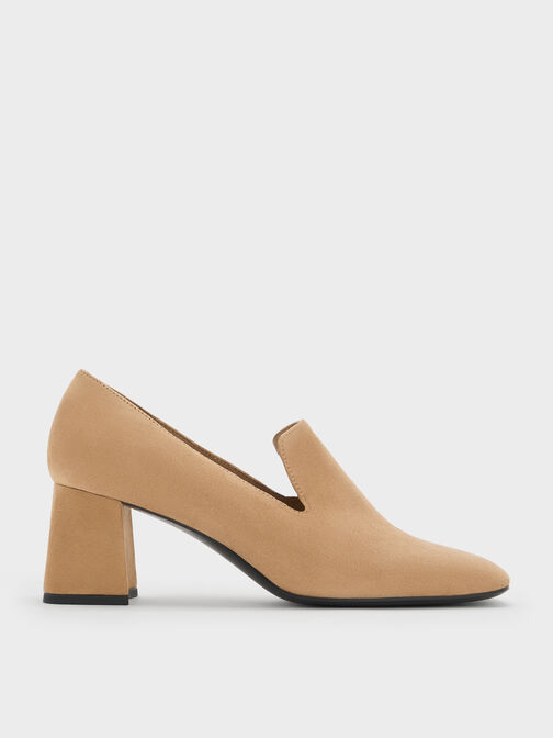 Faux Suede Block-Heel Loafer Pumps, Sand, hi-res