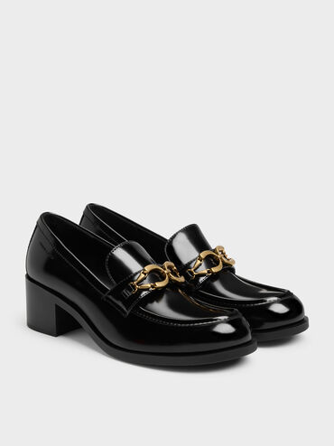 Metallic-Buckle Loafer Pumps, Black Boxed, hi-res