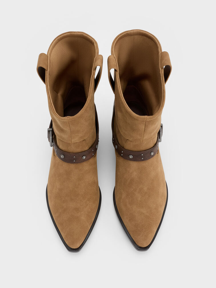 Faux Suede Studded-Strap Ruched Ankle Boots, Sand, hi-res