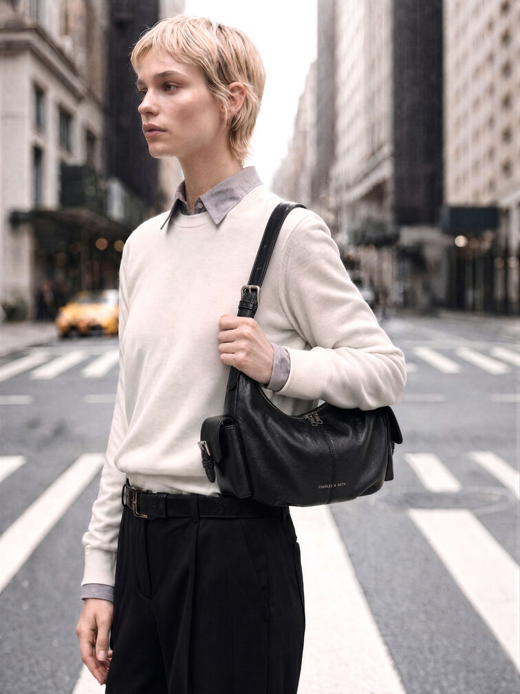 Bessie Side-Pocket Hobo Bag, Noir, hi-res