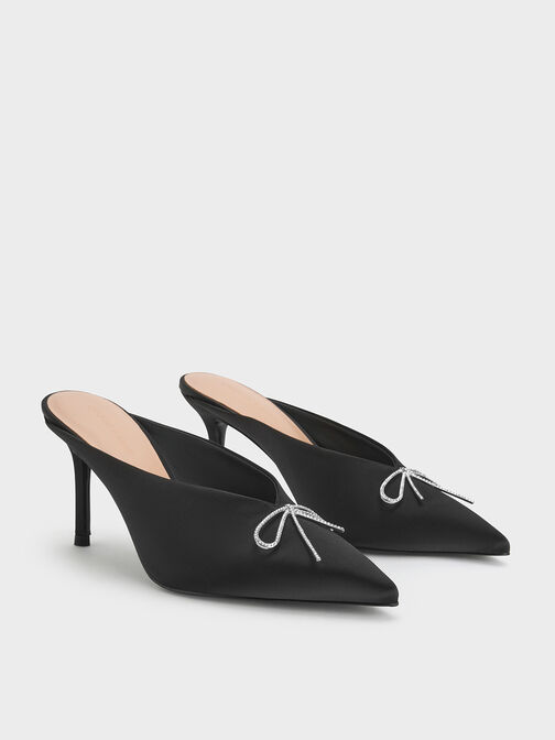 Crystal-Bow Pointed-Toe Heeled Mules, Black Textured, hi-res