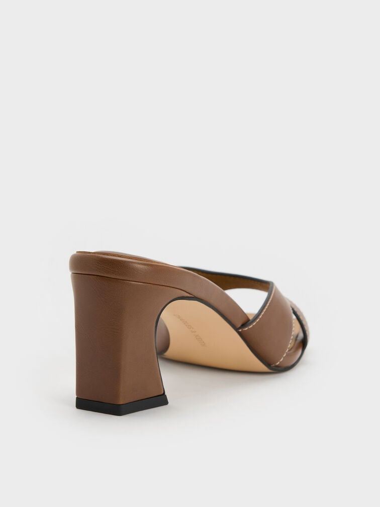 Cut-Out Square-Toe Heeled Mules, Cognac, hi-res