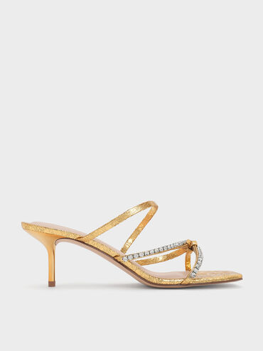 Textured Gem-Embellished Strappy Heeled Sandals, Gold, hi-res