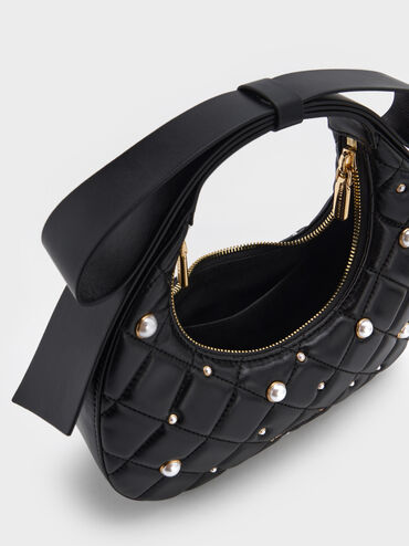 Janie Quilted Pearl Bow-Handle Bag, Black, hi-res
