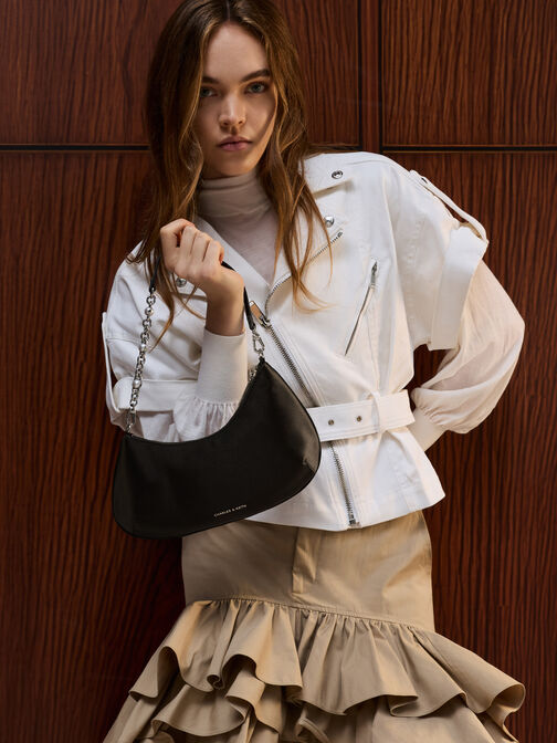 Dion Satin Chain-Handle Shoulder Bag, Noir, hi-res