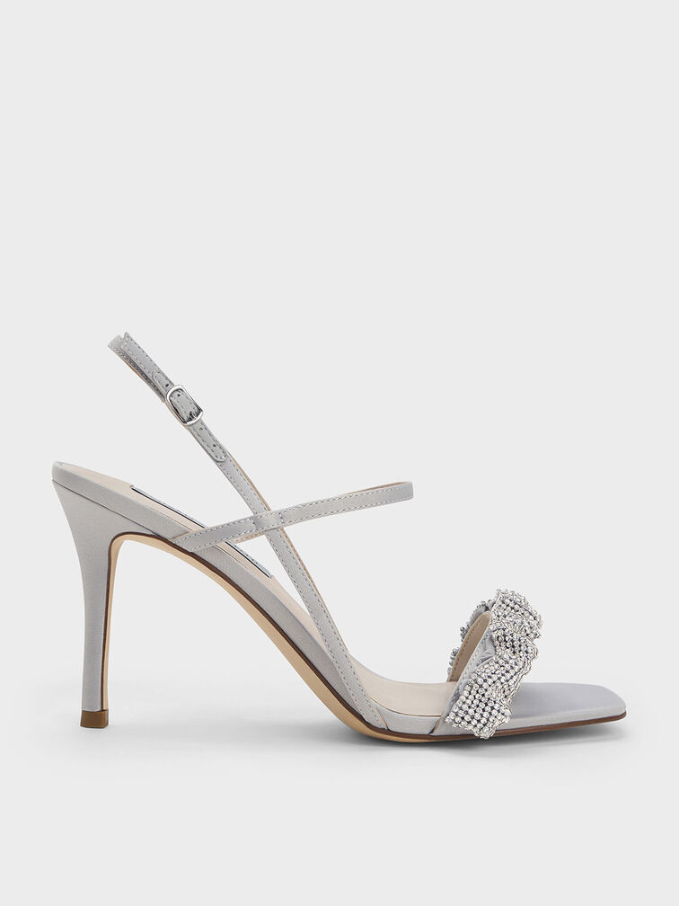 Gem-Embellished Satin Stiletto Sandals, Grey, hi-res