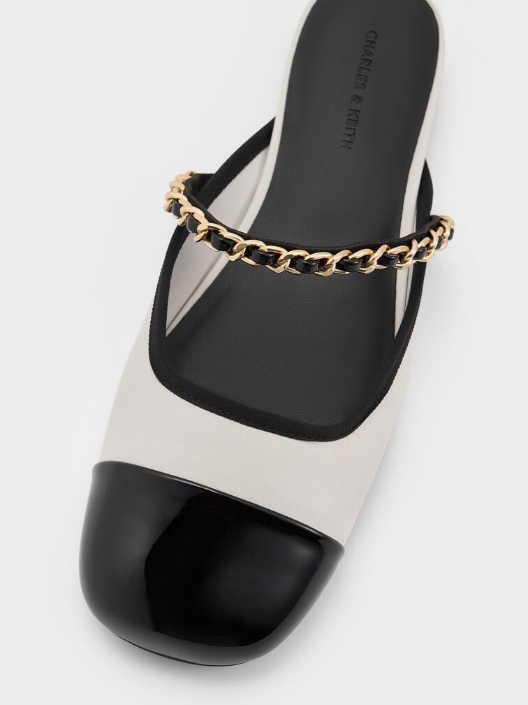 Patent Two-Tone Chain-Strap Mules, White, hi-res