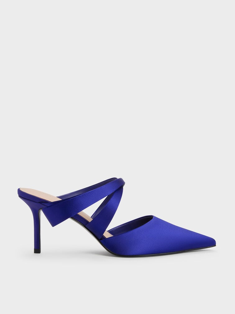 Satin Pleated-Strap Heeled Mules, Blue, hi-res