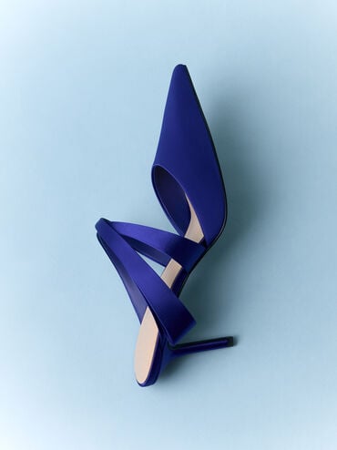 Satin Pleated-Strap Heeled Mules, Blue, hi-res