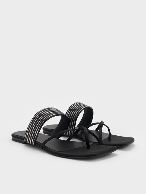 Satin Crystal-Embellished Crossover Toe-Ring Sandals, Black Textured, hi-res