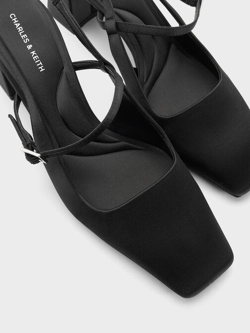 Square-Toe Mary Jane Slingback Pumps, Black Textured, hi-res