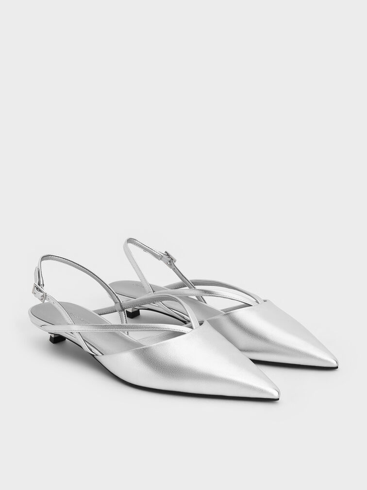 Metallic V-Strap Slingback Kitten Heels, Silver, hi-res