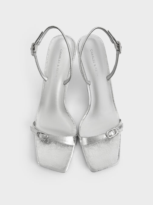 Metallic Crinkle-Effect Buckled Slingback Kitten Heels, Silver, hi-res