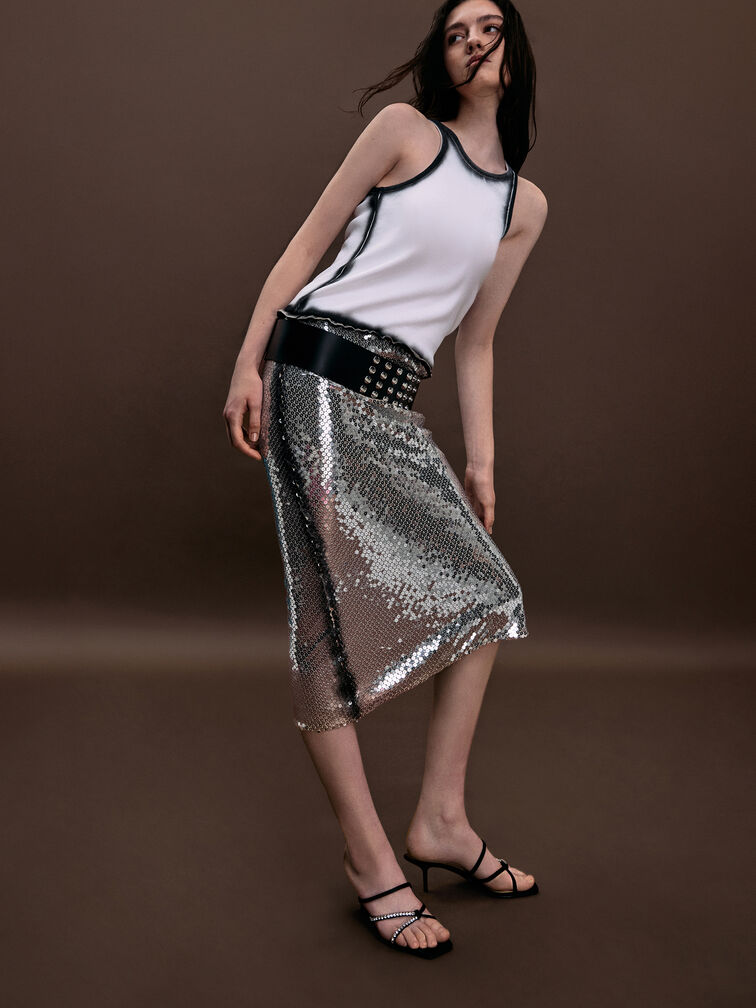 Gem-Embellished Strappy Heeled Sandals, Black Textured, hi-res
