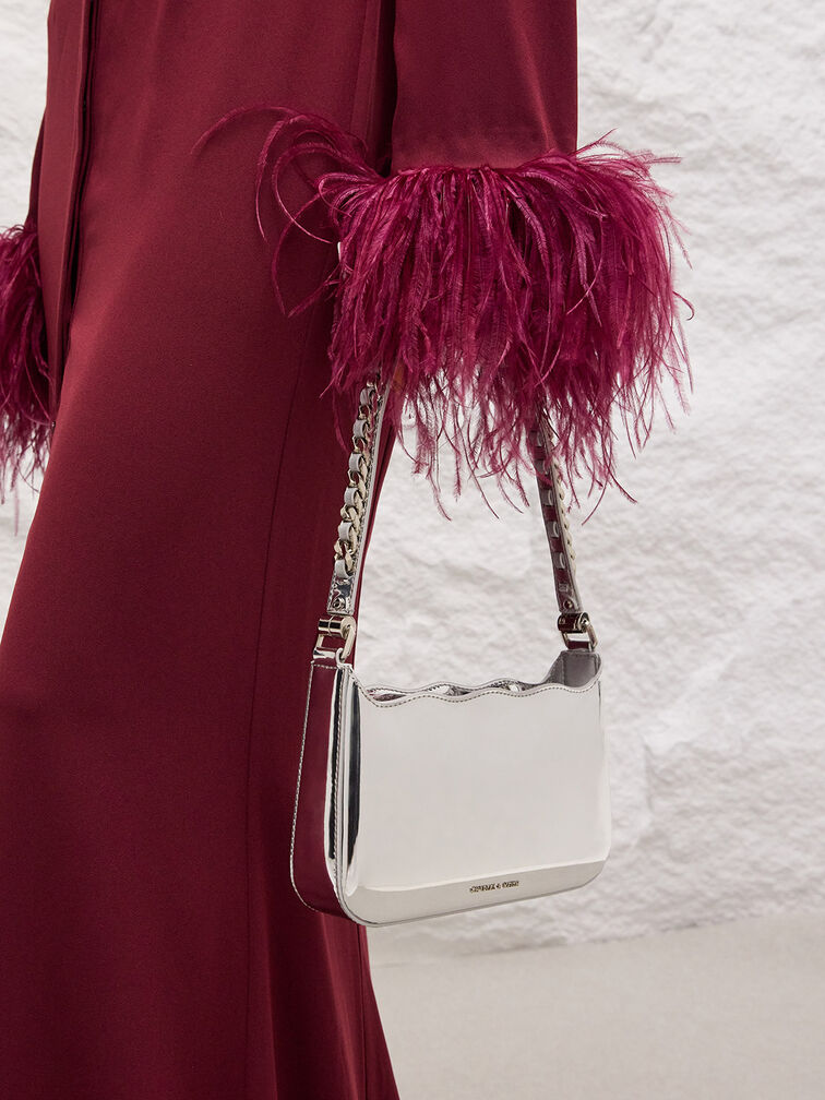 Metallic Wavy Braided Chain-Link Shoulder Bag, Silver, hi-res