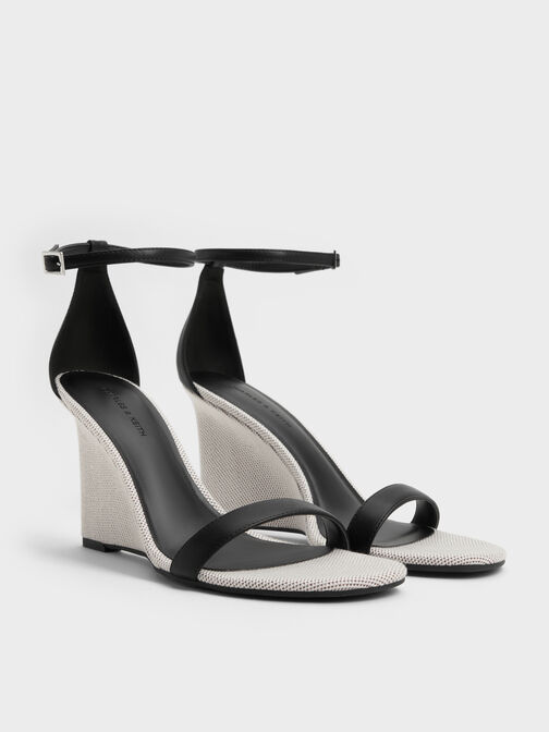 Two-Tone Ankle-Strap Wedges, Black, hi-res