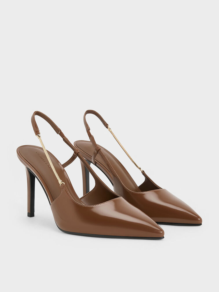 Chain-Strap Pointed-Toe Slingback Pumps, Brown, hi-res