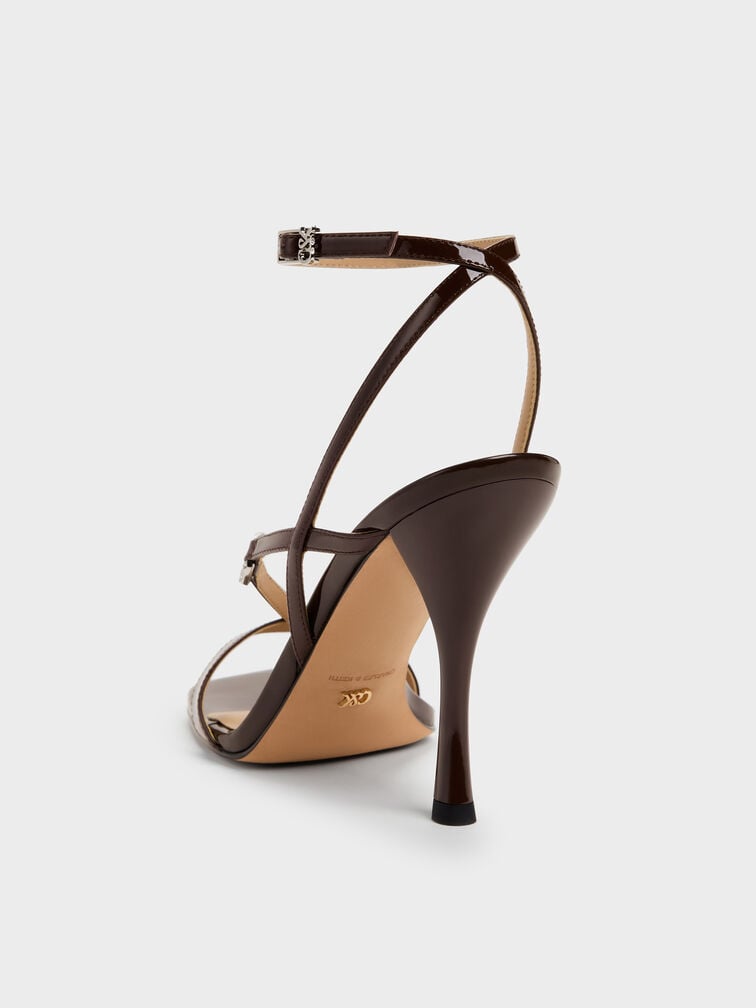 Patent Leather Crystal-Buckle Ankle-Strap Heels, Dark Brown, hi-res
