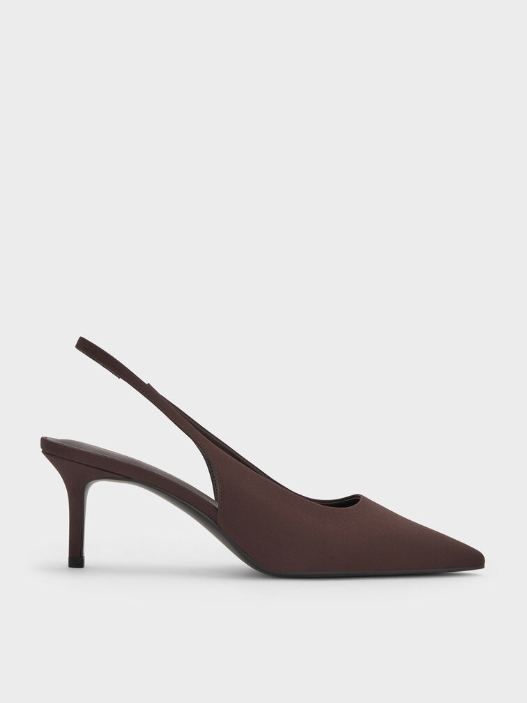 Kaia Satin Pointed Slingback Pumps, Dark Brown Textured, hi-res