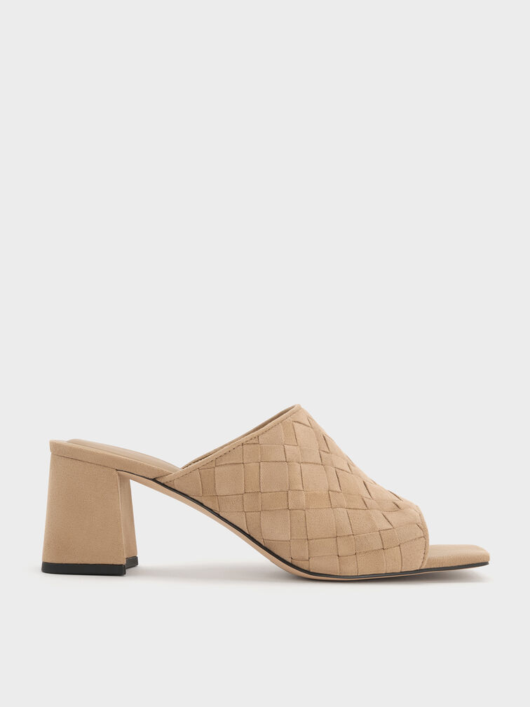 Ivette Faux Suede Woven Heeled Mules, Sand, hi-res