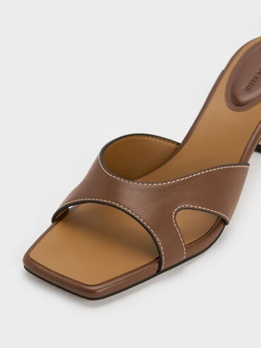 Cut-Out Square-Toe Heeled Mules, Cognac, hi-res