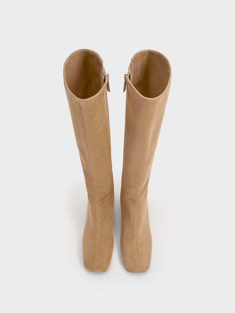 Faux Suede Square-Toe Knee-High Boots, Sand, hi-res