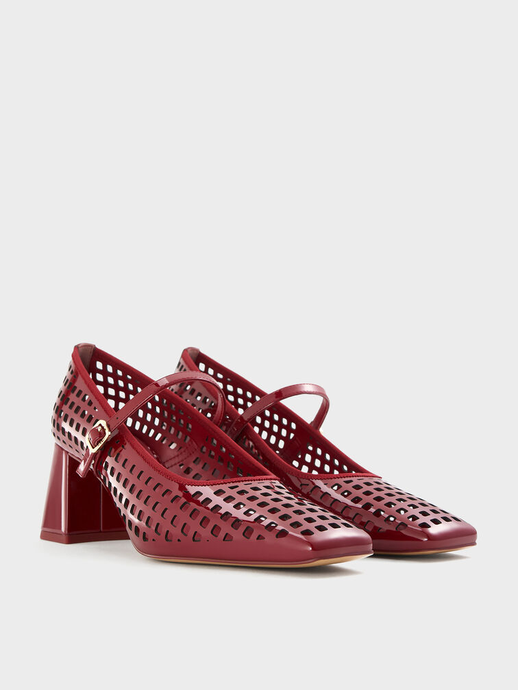 Patent Perforated Square-Toe Block-Heel Mary Jane Pumps, Red, hi-res