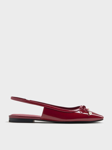 Barbara Patent Pearl-Bow Slingback Flats, Red, hi-res