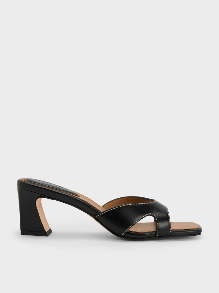 Cut-Out Square-Toe Heeled Mules, Black, hi-res