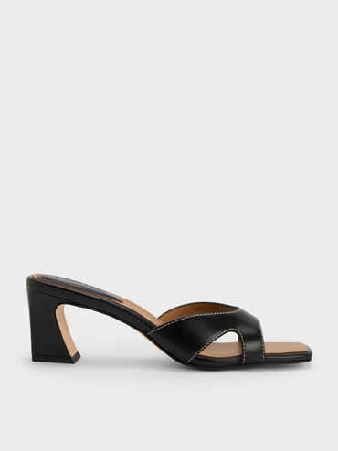 Cut-Out Square-Toe Heeled Mules, Black, hi-res