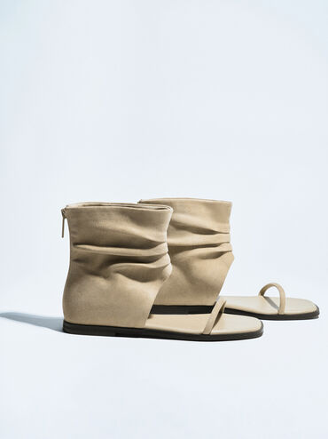 Joplin Ruched Faux Suede Boot Sandals, Beige, hi-res