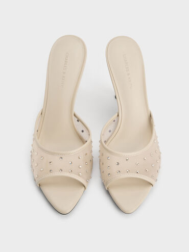 Mesh Crystal Peep-Toe Heeled Mules, Beige, hi-res
