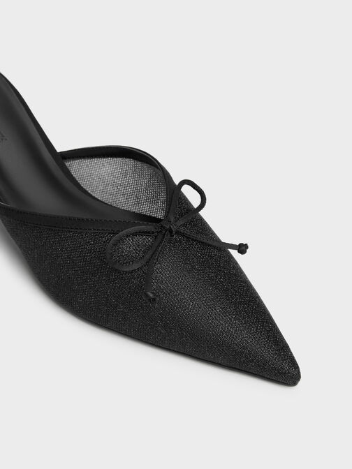 Glittered Mesh Bow Kitten Heels, Black Textured, hi-res